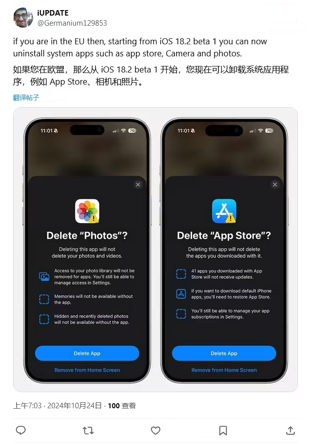 宝坻苹果手机维修分享iOS 18.2 支持删除 App Store 应用商店 
