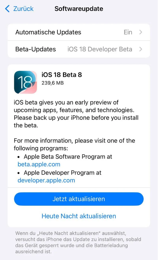 宝坻苹果手机维修分享苹果 iOS / iPadOS 18 开发者预览版 Beta 8 发布 
